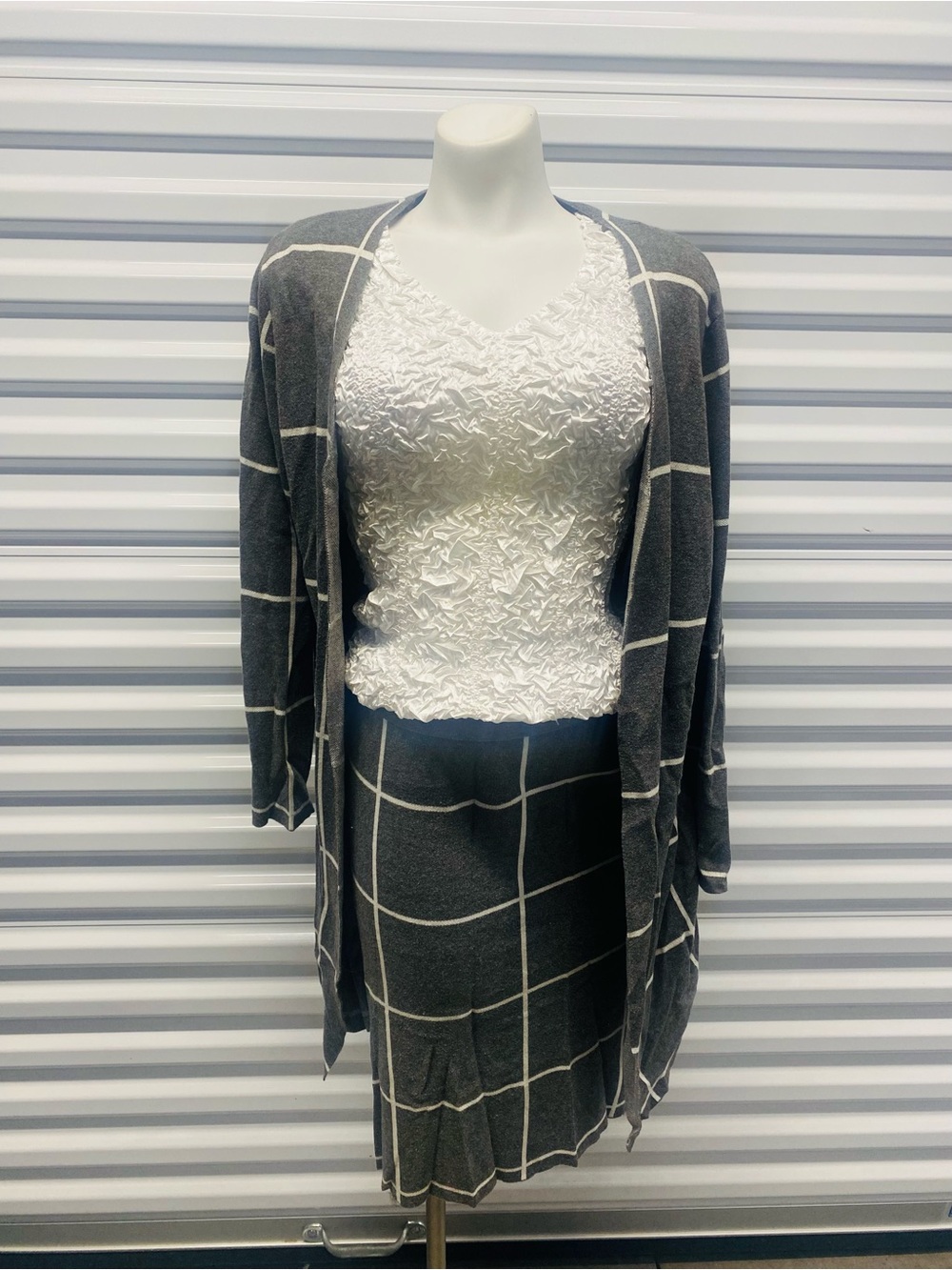Jules & Leopold Gray Windowpane Open-Front Cardigan and Skirt Set